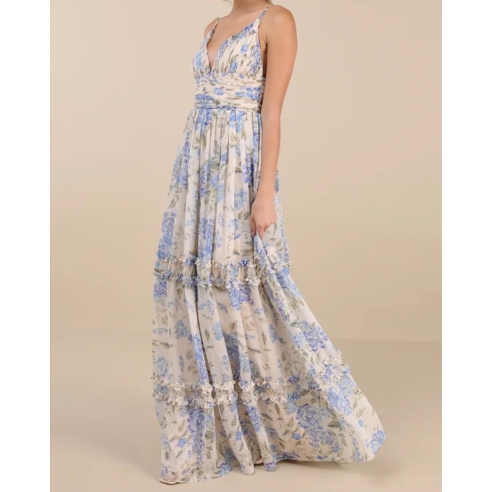 Lulus Niora Beige and Blue Floral Pleated Tiered Maxi Dress XL NEW - Picture 3 of 12